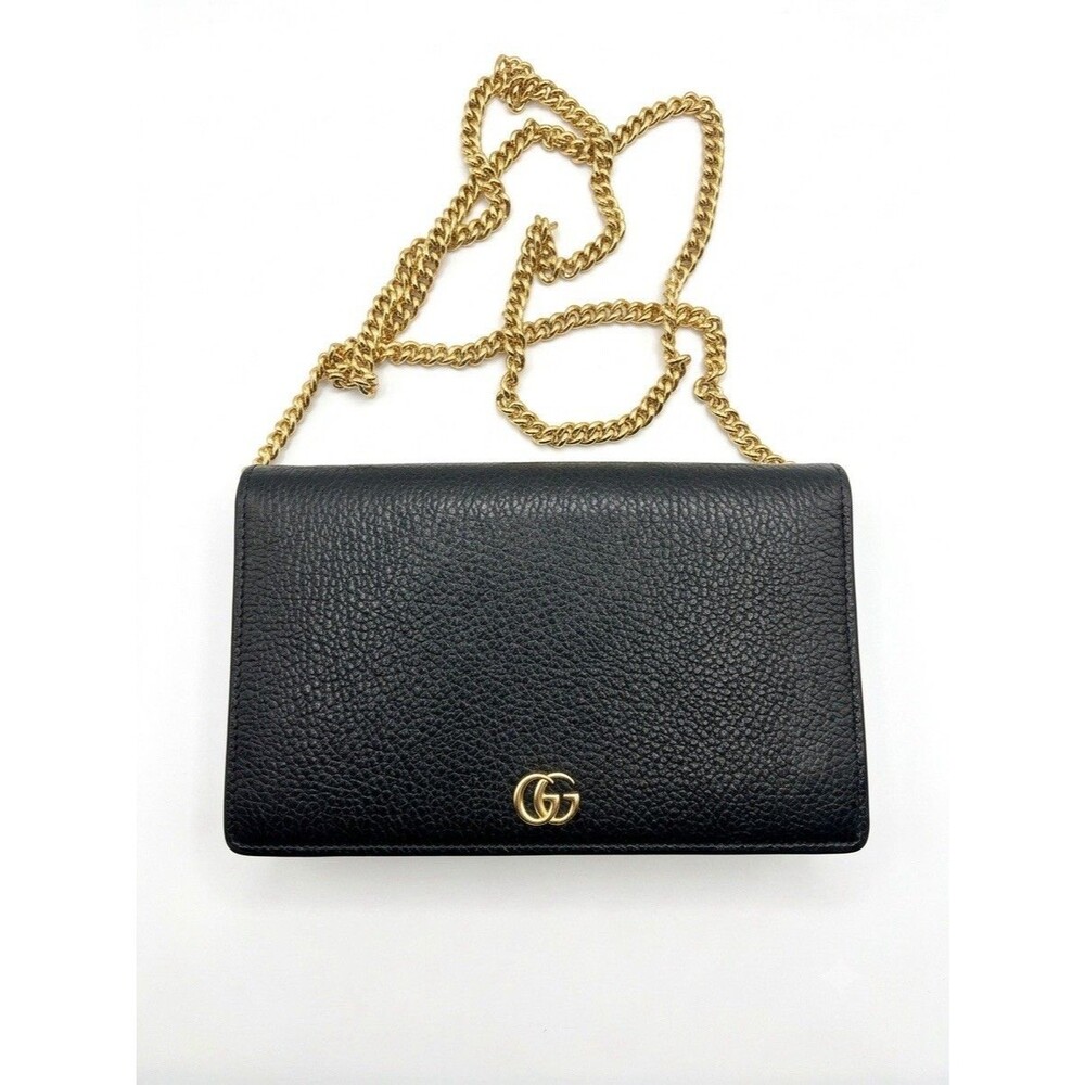 Gucci GG Marmont Wallet On Chain Black Grained Leather Gold Hardware Crossbody